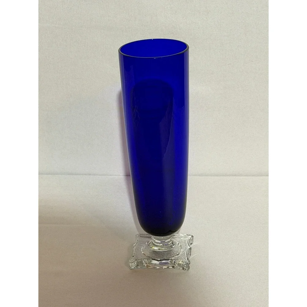 Vintage‎ Cobalt Blue Glass Bud Vase with Clear Scalloped Square Pedestal Base